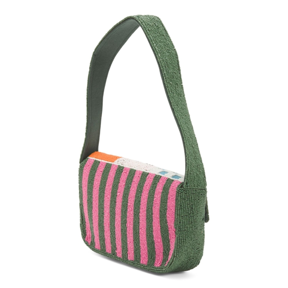 Green Embroidered Mosaic Shoulder Bag with Fruit & Sun Motifs - Picture 2 of 3